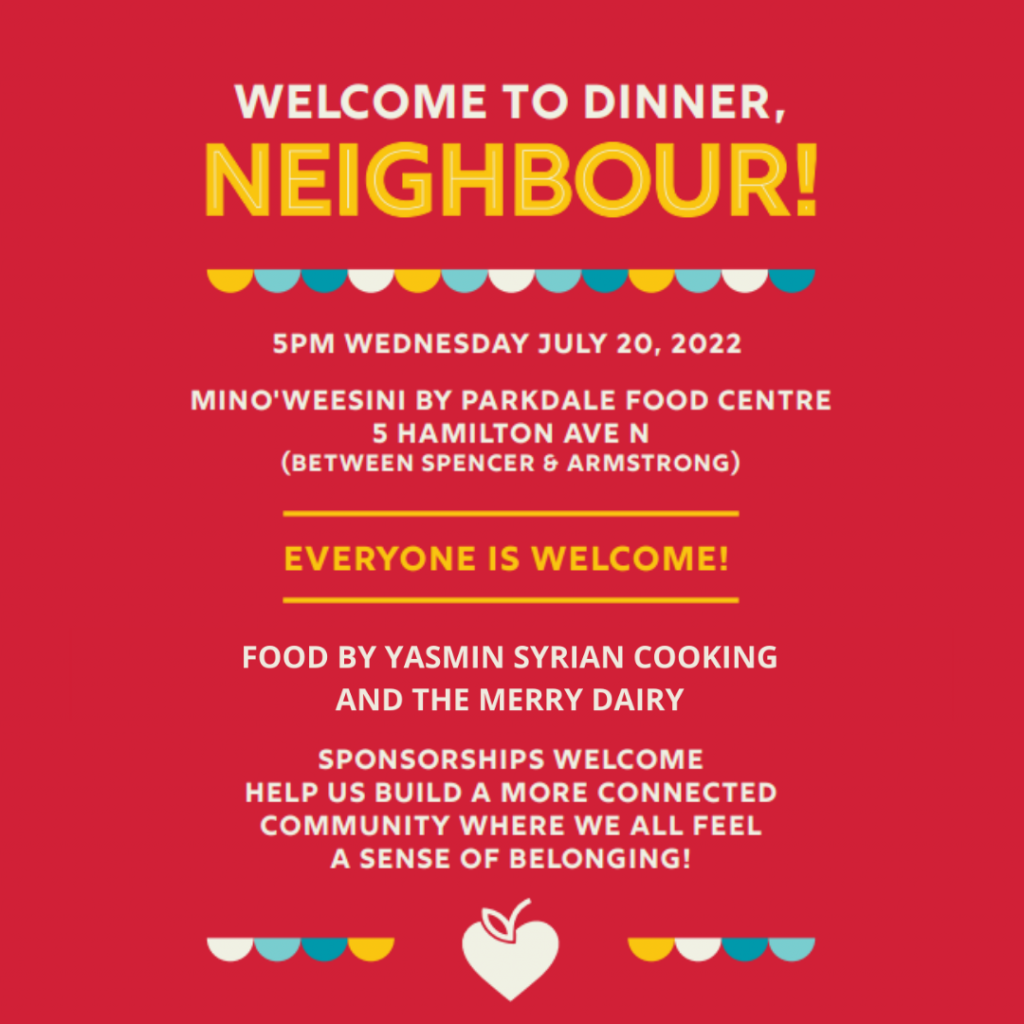Bright red event poster. Welcome to Dinner event at 5pm on Wednesday July 20th, 2022. 5 Hamilton Ave North. Everyone is welcome!