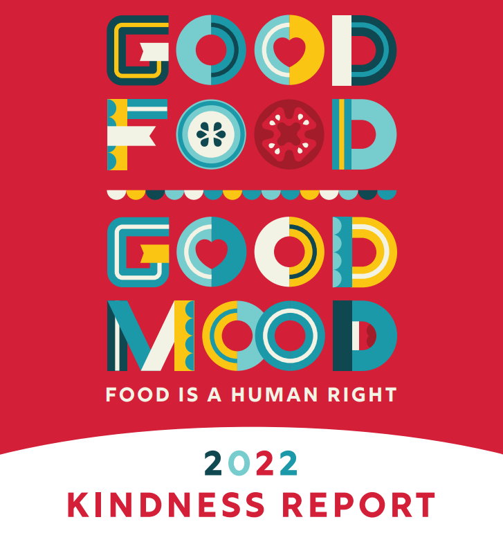 Cover page of the 2022 Kindness Report. Large, colourful letters say "Good Food, Good Mood. Food is a human right."